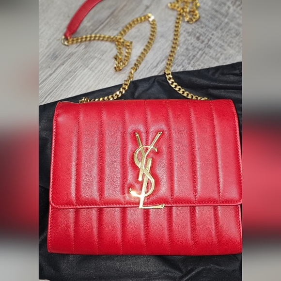 Saint Laurent Red Quilted Leather Shoulder Bag with Gold YSL Logo - Picture 2 of 11